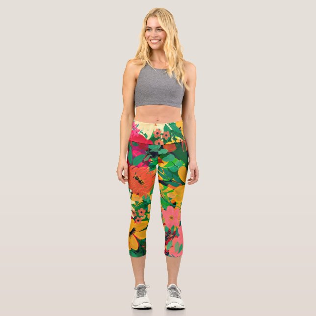 Stylish Colourful Watercolor Floral Design Capri Leggings (Front)