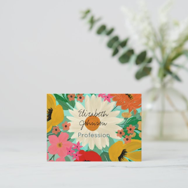 Stylish Colourful Watercolor Floral Mint Design Business Card (Standing Front)