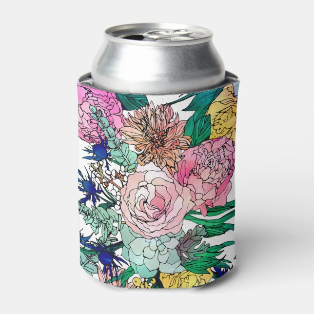 Stylish Colourful Watercolor Floral Pattern Can Cooler (Can Front)