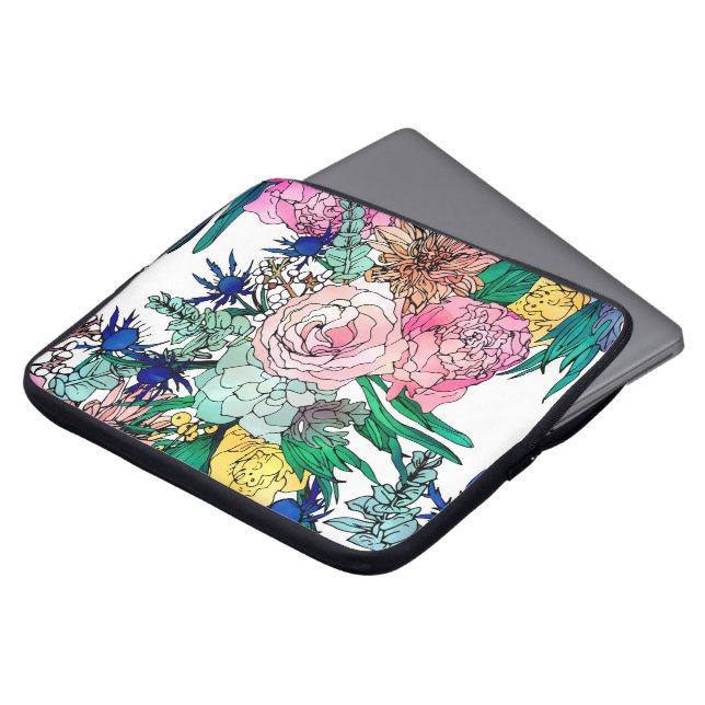 Stylish Colourful Watercolor Floral Pattern Laptop Sleeve (Front Top)