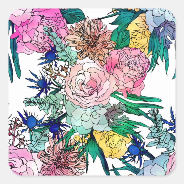 Stylish Colourful Watercolor Floral Pattern Square Sticker (Front)