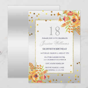 Stylish Confetti & Flowers 18th Birthday Invitation