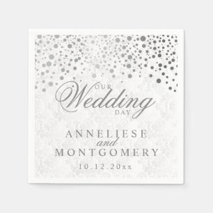 Stylish Confetti Silver Dots Our Wedding Day Napkin