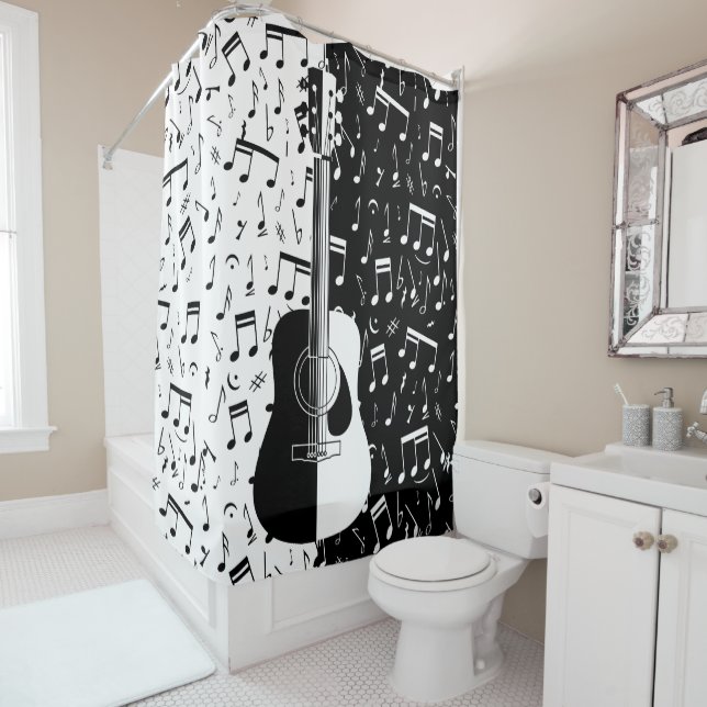 Stylish contemporary black and white guitar music shower curtain (In Situ)