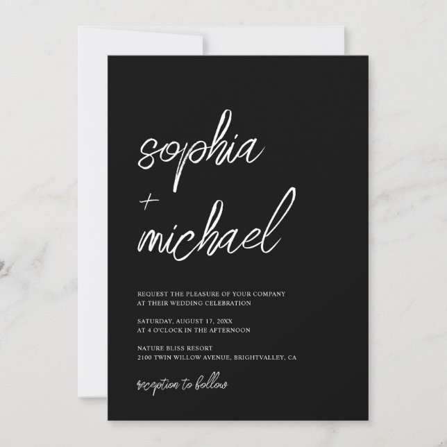 Stylish Contemporary Script Black White Wedding Invitation (Front)