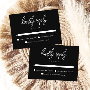 Stylish Contemporary Script Black White Wedding RSVP Card