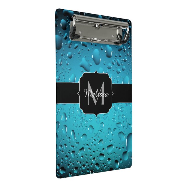 Stylish Cool Blue water drops Monogram Mini Clipboard (Angled)