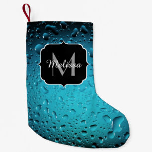 Stylish Cool Blue water drops Monogram Small Christmas Stocking
