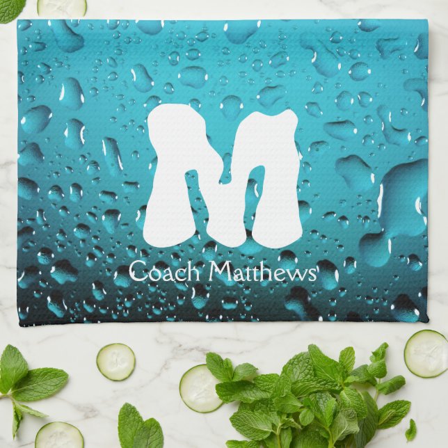 Stylish Cool Blue water drops Monogram Tea Towel (Folded)