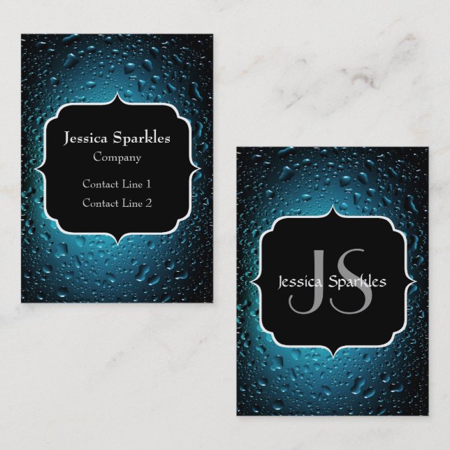 Stylish Cool Blue water drops with Monogram Business Card (Front/Back)