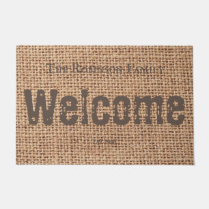 Stylish cool text rustic design burlap family doormat