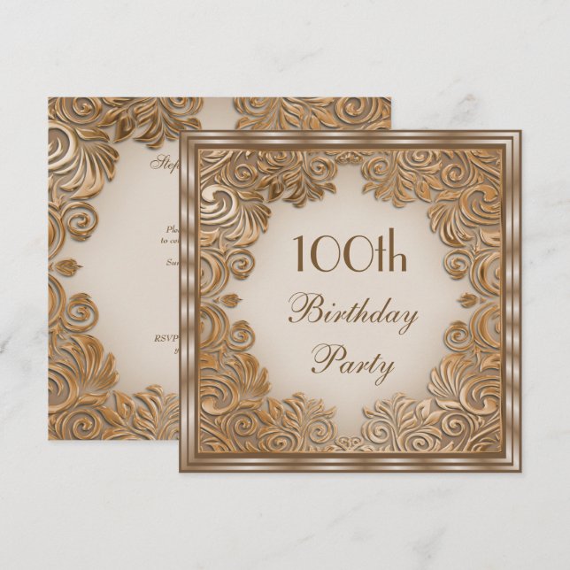Stylish Copper Foil Leaf Swirls 100th Birthday Invitation (Front/Back)