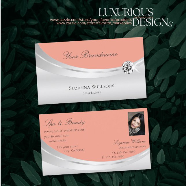Stylish Coral Silver Decor with Photo and Diamond Business Card (Creator Uploaded)