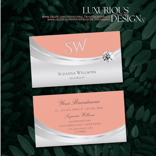 Stylish Coral Silver with Monogram and Diamond Business Card (Creator Uploaded)