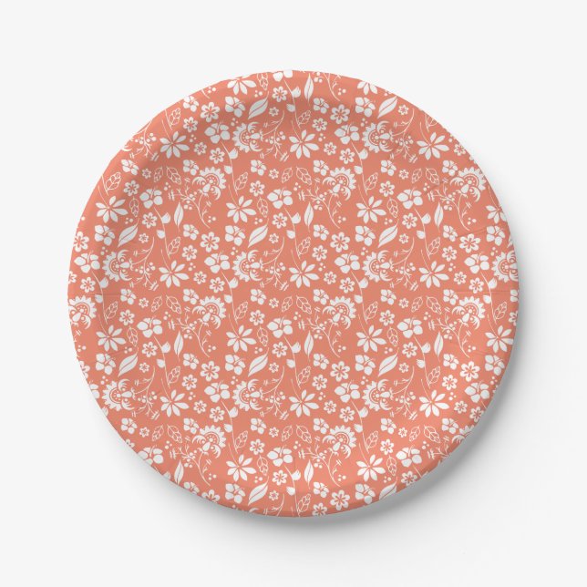 Stylish Coral Tropical Peach Garden Flowers Paper Plate (Front)