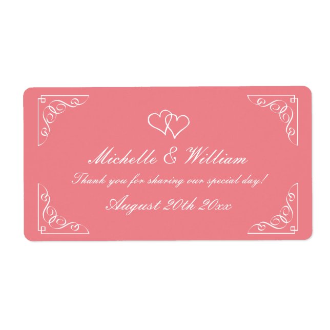 Stylish coral wedding wine or water bottle labels (Front)