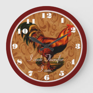 Stylish Country Rooster I cook therefor I am Large Clock