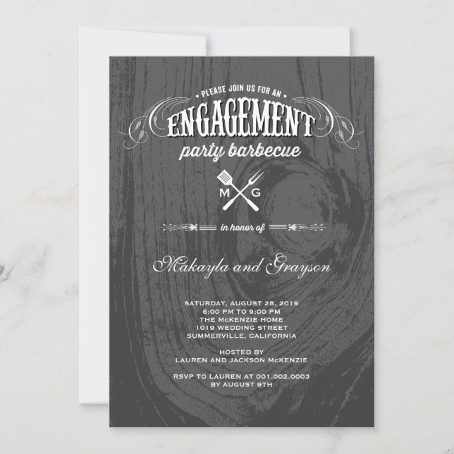 Stylish Country Rustic Wood Engagement Party BBQ Invitation (Front)
