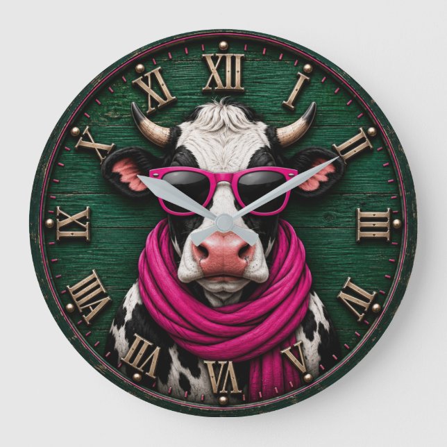 Stylish Cow Funny Farmhouse Cow Decor Large Clock (Front)