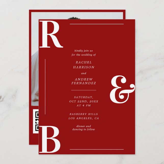 Stylish Crimson Red Monogram QR Code Wedding Invitation (Front/Back)