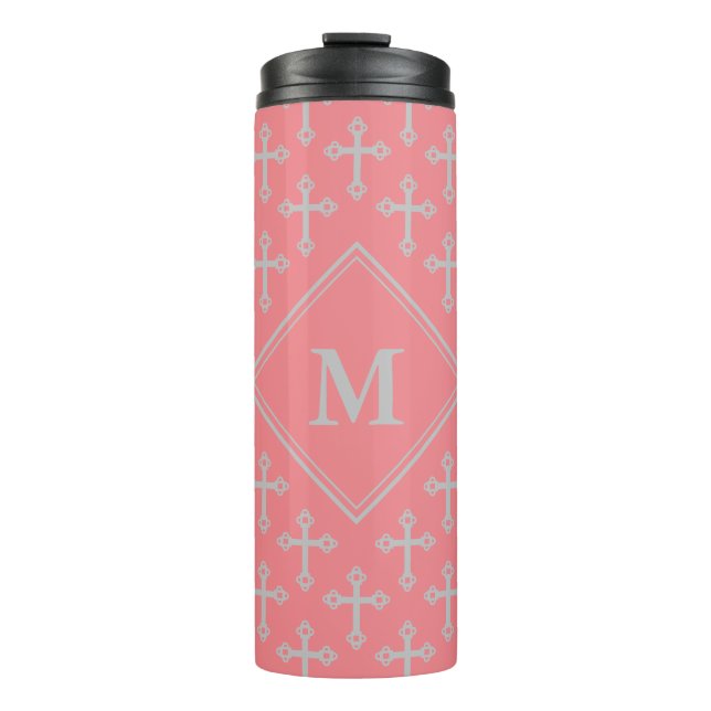 Stylish CROSS Monogram Pink Grey Thermal Tumbler (Front)