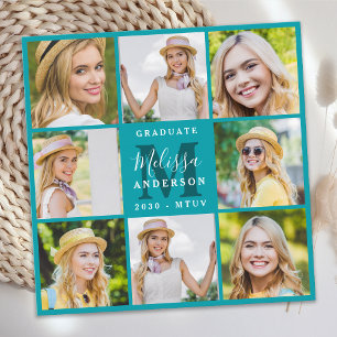Stylish Custom 8 Photo Collage Teal Graduation Ann Announcement