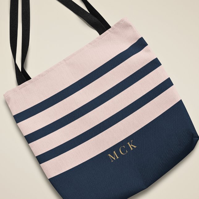 Stylish Custom Monogram Navy & Blush Striped  Tote Bag (Creator Uploaded)
