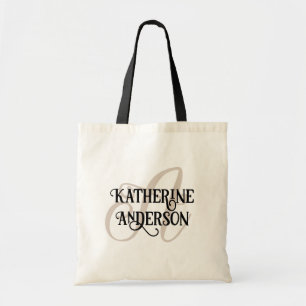 Stylish Custom Name and Initial Black and Grey Tote Bag