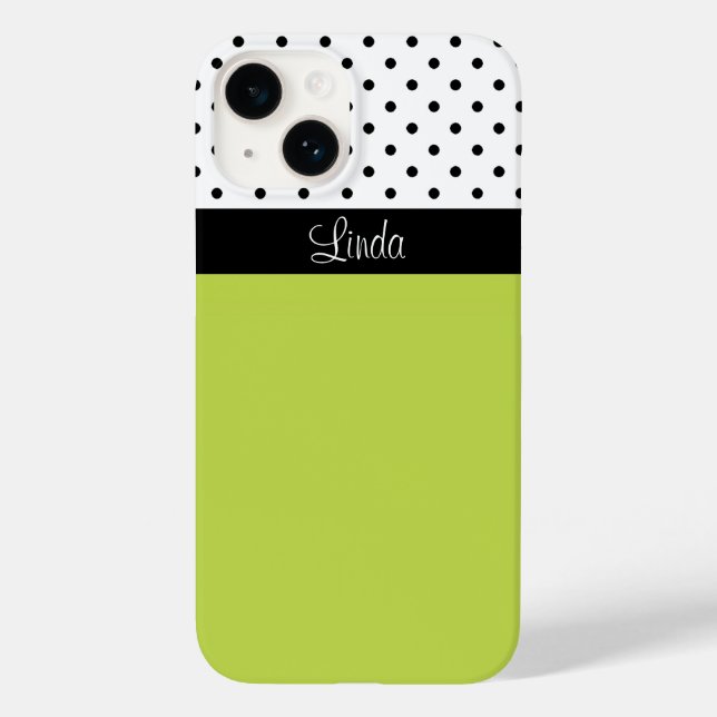 Stylish Custom Name Green, White Black Polka Dots Case-Mate iPhone Case (Back)
