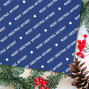 Stylish Custom Name Merry Christmas Star Navy Blue Tissue Paper