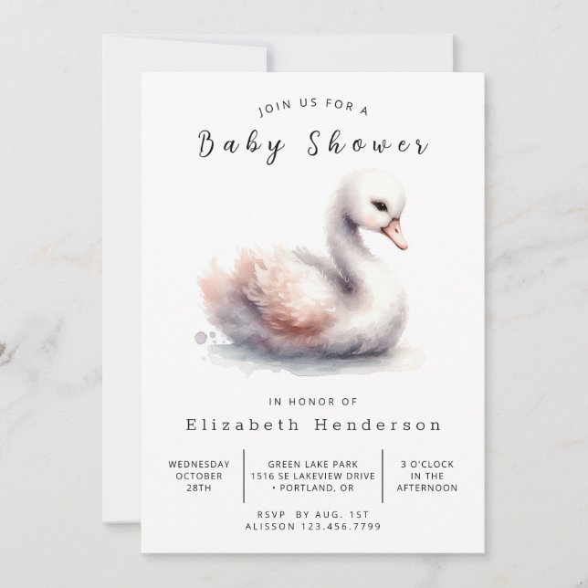 Stylish Custom Swan Baby Shower Invitation (Front)