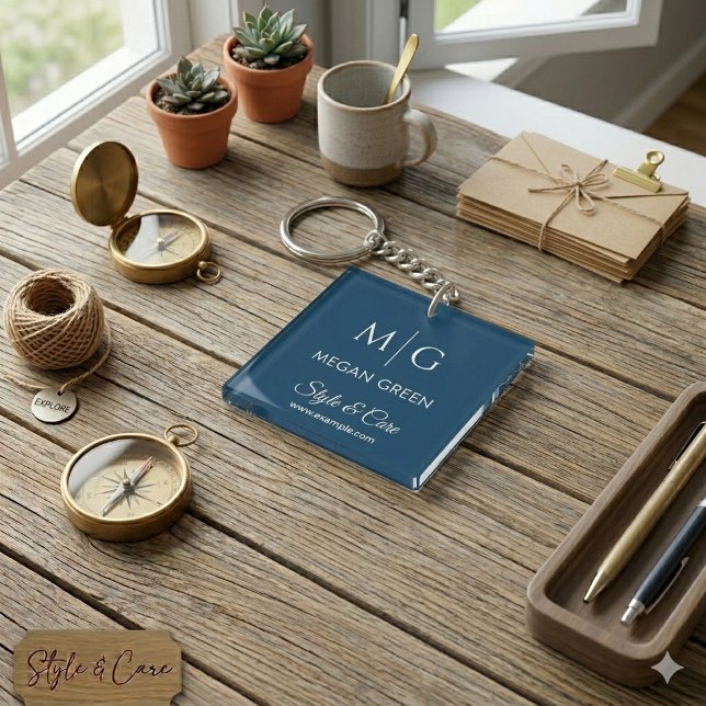 Stylish Custom Text Name and Brand Display Navy Key Ring (Stylish Custom Text Name and Brand Display Navy Keychain)