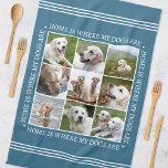 Stylish Custom Text Photo Collage Dogs Blue Tea Towel<br><div class="desc">Create a handy, personalised kitchen towel showcasing nine cherished photos, framed by the heartwarming message: "Home is where my dogs are." This stylish template features a photo collage arranged in a grid format, and traditional style lettering. Text can be customised to suit your photographs. Perfect for photos of family, friends,...</div>