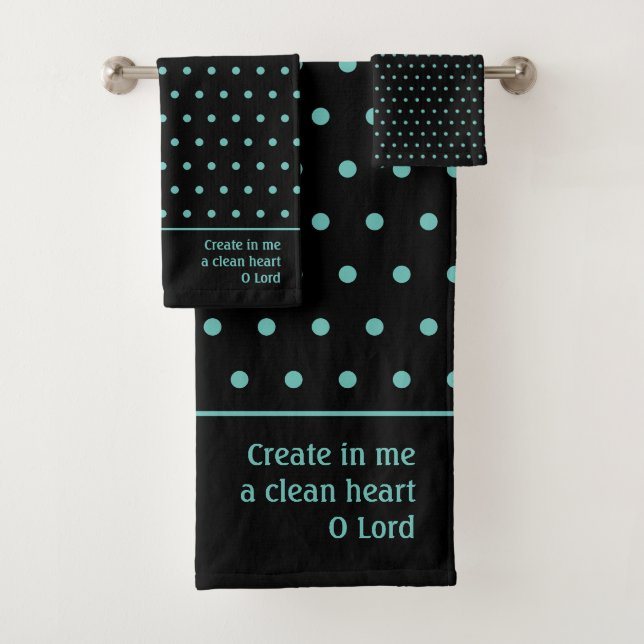 Stylish Customisable TEAL Polka Dot Black Bath Towel Set (Insitu)