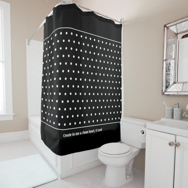 Stylish Customisable WHITE Polka Dot Black Shower Curtain (In Situ)