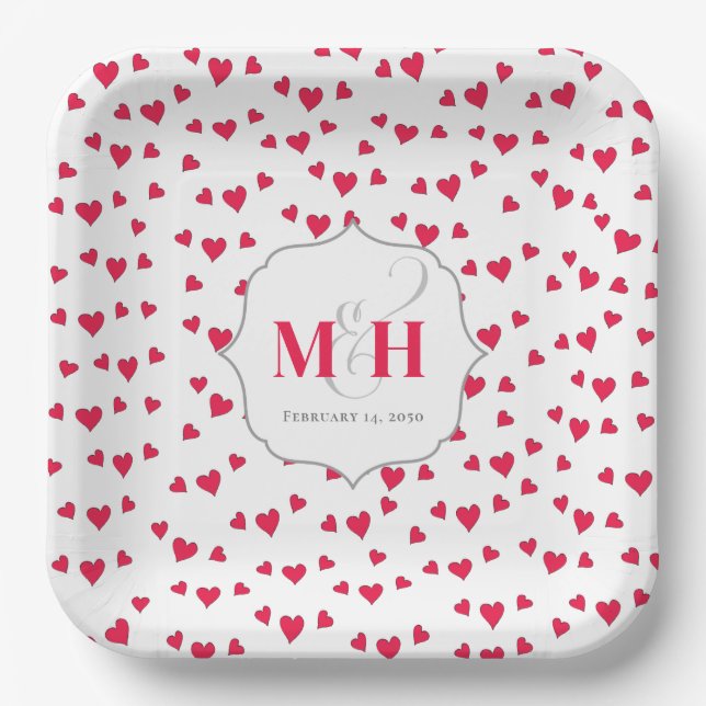 Stylish Cute Monogram Whimsical Hearts Trendy Paper Plate (Front)