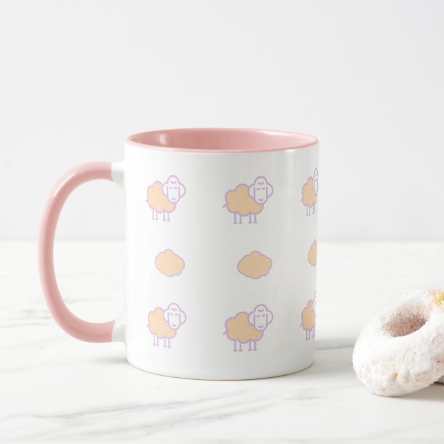 Stylish Cute Pink Sheep With Clouds Pattern Mug (With Donut)