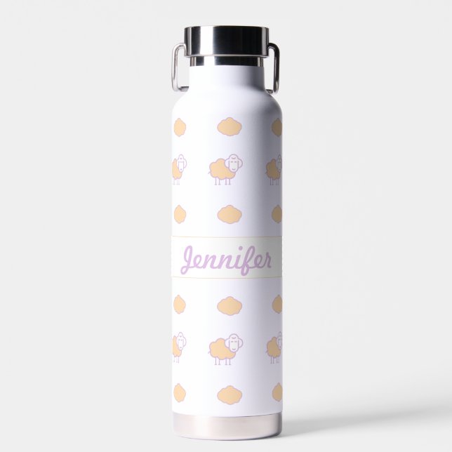 Stylish Cute Pink Sheep With Clouds Pattern  Water Bottle (Front)