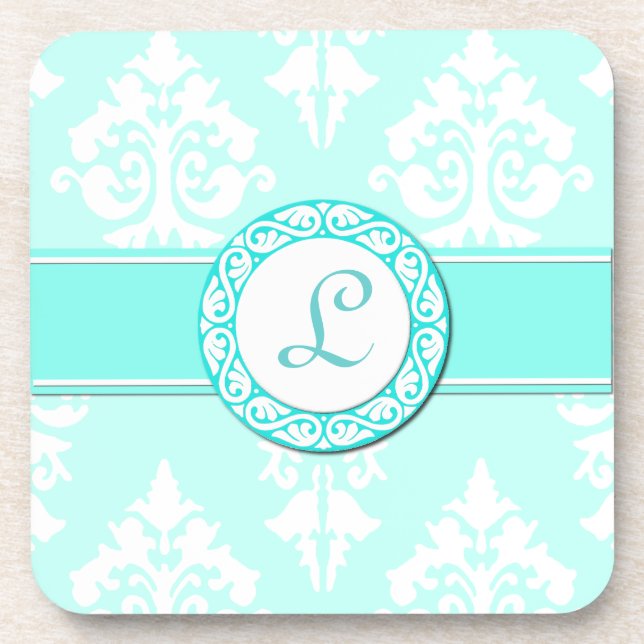 Stylish Damask and Monogram Coaster (Front)