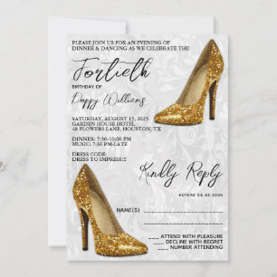 Stylish Damask, Gold Stilettos 40th Birthday Invitation
