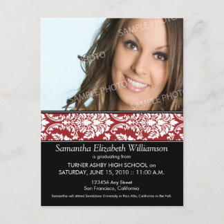 Stylish Damask Graduation Announcement (red) 3 Postcard