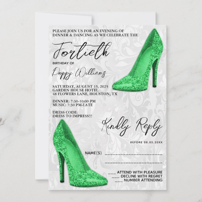 Stylish Damask, Green Stilettos 40th Birthday Invitation (Front)