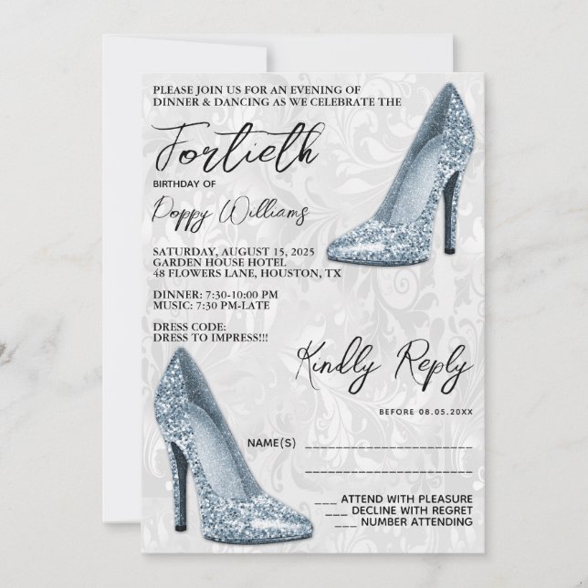 Stylish Damask, Pale Blue Stilettos 40th Birthday Invitation (Front)