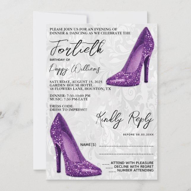 Stylish Damask, Purple Stilettos 40th Birthday Invitation (Front)