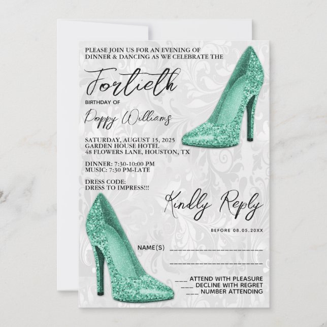 Stylish Damask, Teal Stilettos 40th Birthday Invitation (Front)