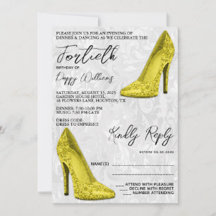 Stylish Damask, Yellow Stilettos 40th Birthday Invitation