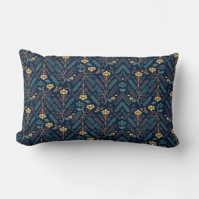 Stylish Dark Blue Fabric Pattern with Floral  Lumbar Cushion (Front)