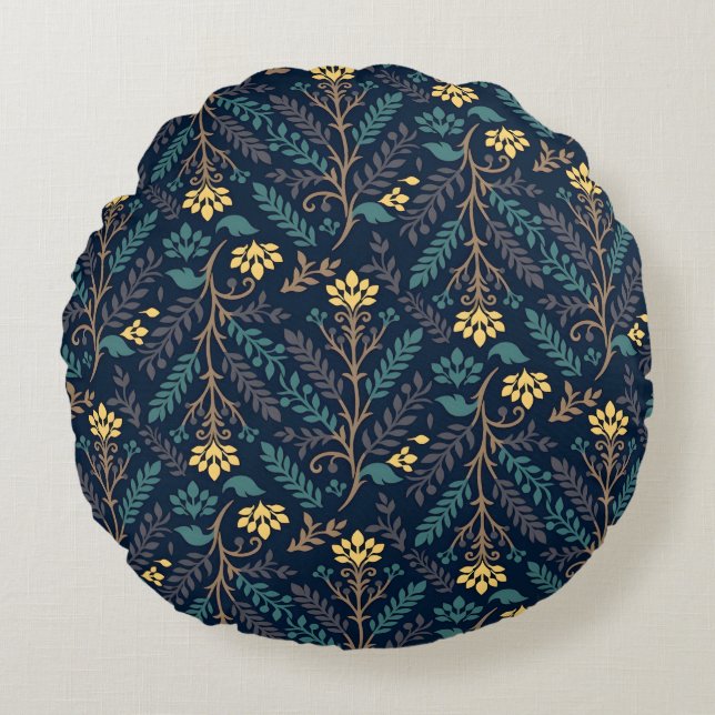 Stylish Dark Blue Fabric Pattern with Floral  Round Cushion (Front)