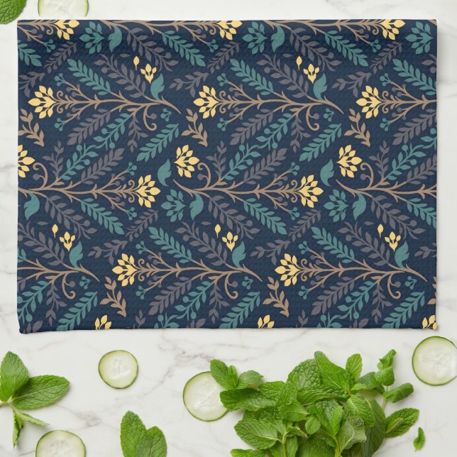 Stylish Dark Blue Fabric Pattern with Floral  Tea Towel (Folded)