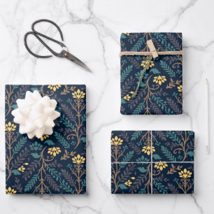 Stylish Dark Blue Fabric Pattern with Floral  Wrapping Paper Sheet